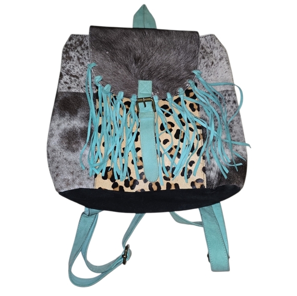 Handbags - Cattle Boss Western Boho Backpack Cowhide Backpack Fringe Leopard Turquoise